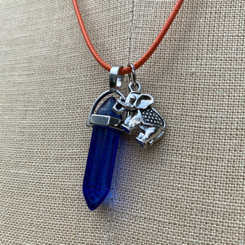 Handmade Cobalt Blue Resin Crystal Amulet Necklace & Elephant Charm - Picture 7 of 8